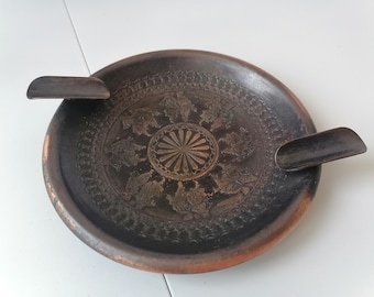 Vintage geätzter Kupfer Aschenbecher, handgefertigte runde Kupferschale, 4,70 Zoll