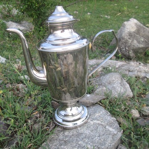 May include: A silver teapot with a decorative design on the side. The teapot has a lid and a handle. It is sitting on a rock.