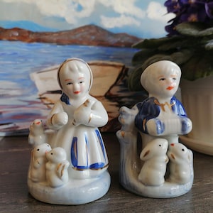 Vintage Porcelain Boy and Girl, Couple Porcelain Figures, Blue White Porcelain Figurines, Hand painted porcelain figurines, Gift idea