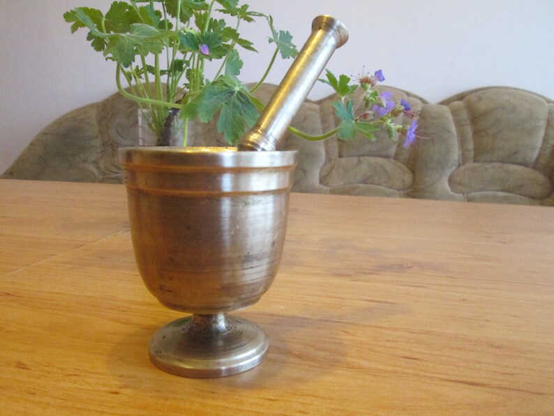 May include: A silver mortar and pestle set on a wooden table. The mortar has a round base and a bowl-shaped top. The pestle is long and slender with a rounded end. A small plant with green leaves and purple flowers is in the background.