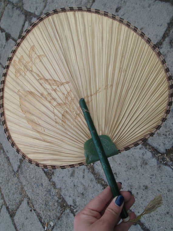 Vintage fan, Straw hand fan, Handmade fan, Round … - image 8