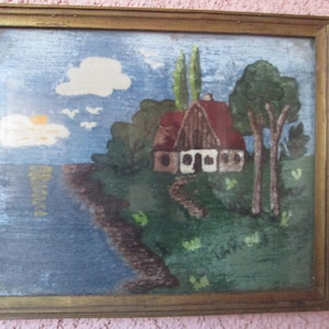 Vintage velvet picture, Wooden frame, Picture behind glass, Velvet decor, Wall hanging picture, Wall decor, Vintage home decor, Gift idea