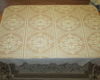 Vintage Hand-Knitted Crochet Tablecloth: White Cotton, Rustic Decor (52.76x51.18 in)