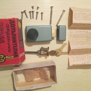 Cerradura secreta vintage, Cerradura de puerta, Cerradura secreta adicional, Cerradura de puerta de metal de los años 60, Cerradura deslizante, Cerradura de puerta frontal abatible, Caja original