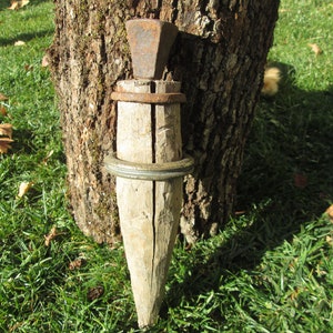 May include: A wooden wedge with a metal ring and a metal cap on top. The wedge is split down the middle and is resting against a tree trunk.