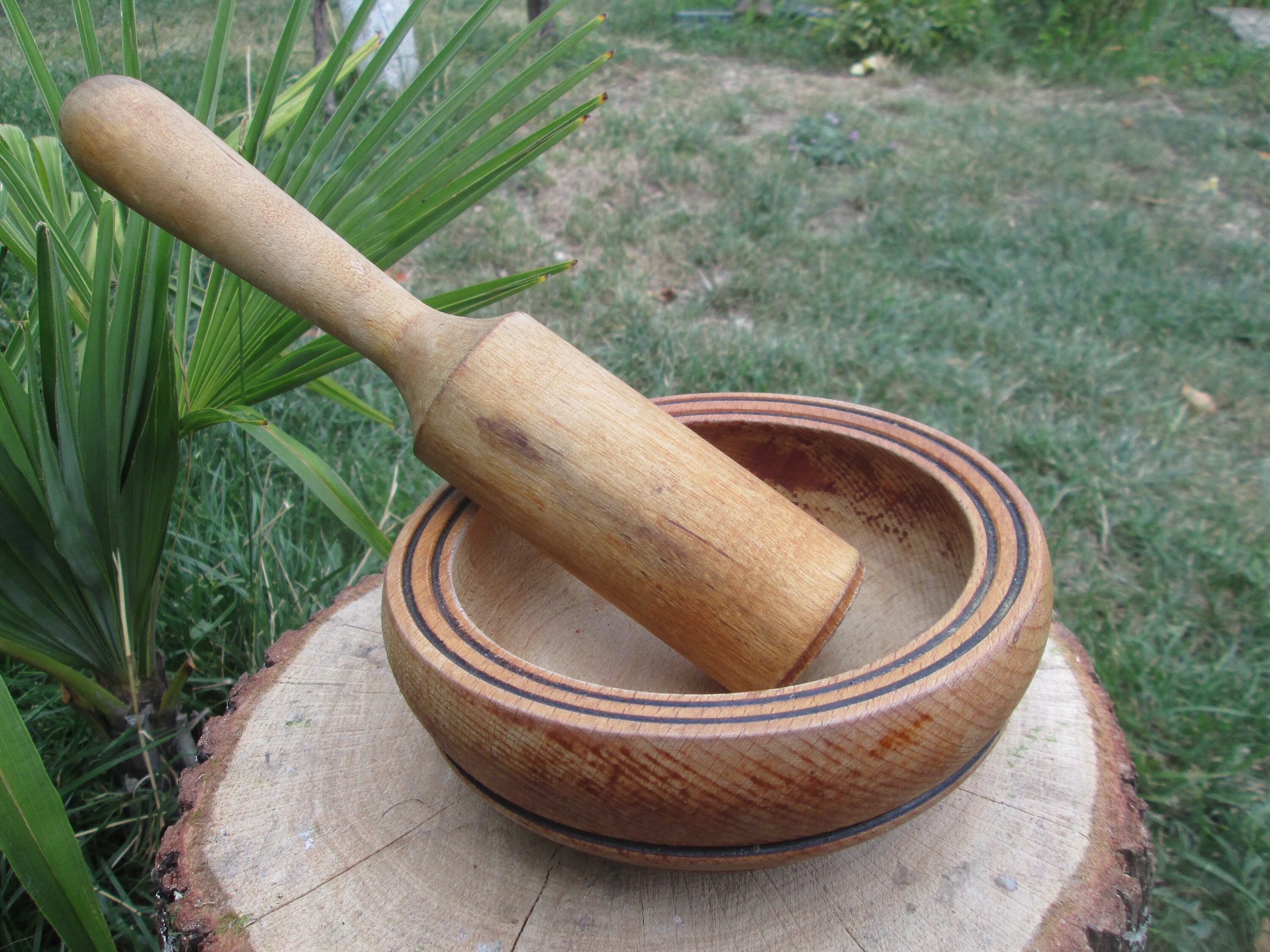 Small Kitchen Appliances Wooden bowl Wood mortar and pestle Vintage