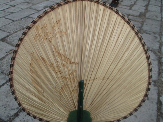 Vintage fan, Straw hand fan, Handmade fan, Round … - image 9