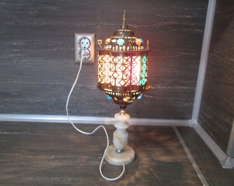 Brass and marble lamp, Vintage night lamp, Desk lamp, Working lamp, Colored lamp, Stone base lamp, Brass lamp, Gift idea, Vintage home decor