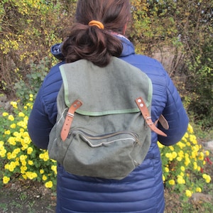 Vintage canvas backpack, Small backpack, Green backpack, Hiking backpack, Mini camping backpack, Gift idea, Mountain bag, Green canvas bag