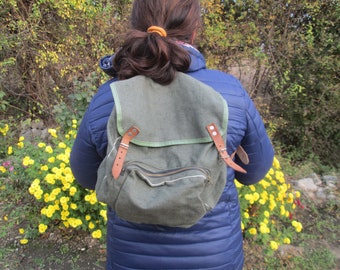 Vintage canvas backpack, Small backpack, Green backpack, Hiking backpack, Mini camping backpack, Gift idea, Mountain bag, Green canvas bag