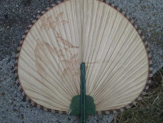 Vintage fan, Straw hand fan, Handmade fan, Round … - image 2
