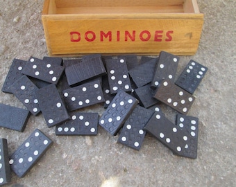 Dominoes, Domino board game, Vintage board game, Vintage dominoes set, Dominoes in wooden box, 28 pieces dominoes in wooden box, Family game