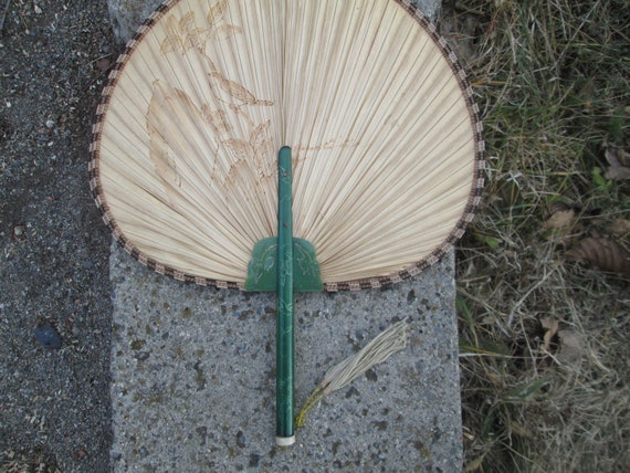 Vintage fan, Straw hand fan, Handmade fan, Round … - image 4
