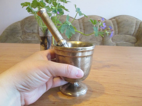 Brass Mortar and Pestle: Antique Spice Mill, Rustic Kitchen Decor