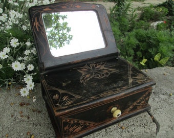 Vintage Hand Carved Wooden Jewelry Box with Mirror