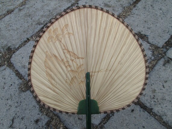 Vintage fan, Straw hand fan, Handmade fan, Round … - image 7