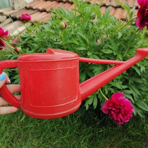Child watering can, Plastic watering pot, Red watering can, Small watering can, Children&#39;s toy, Watering can toy, Vintage garden decor, Toy