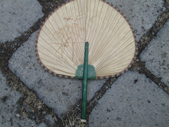 Vintage fan, Straw hand fan, Handmade fan, Round … - image 6