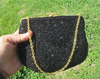 Beaded purse, Black evening purse, Ladies handbag, Elegant purse, Bead evening bag, Small black purse, Retro handbag, Purse with chain strap