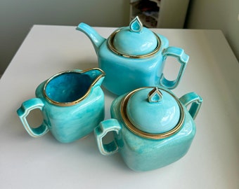 Mid Century Modern Hand Glazed Tea Set, Blue and Gold Gilded