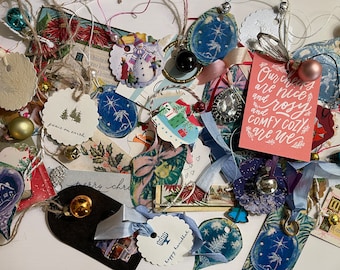 Holiday Gift Tags, Grab Bag Lot of Vintage Handmade Tags, Recycled Paper Tags, Girt Wrapping and Christmas Gift Tags, Santa