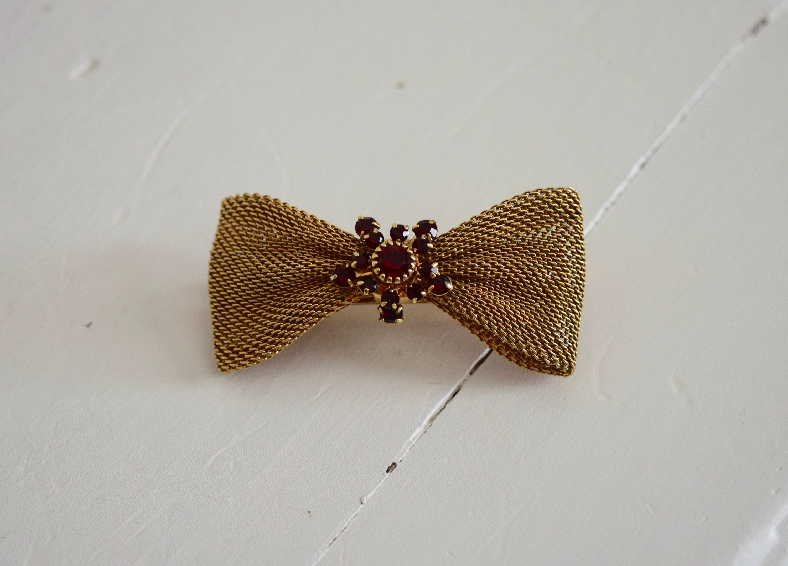 Vintage Hair Bow Barrette with Gold Chain Netting and Red Etsy