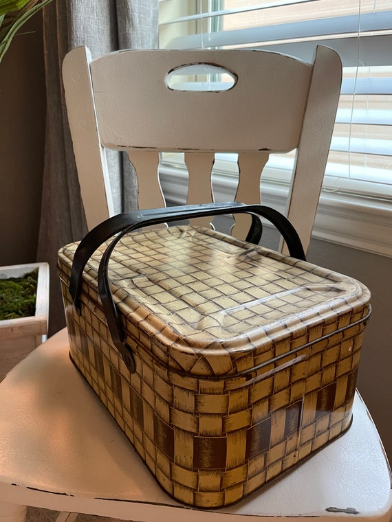 Vintage Metal Picnic Basket, Large Metal Rectangle Ba… Gem