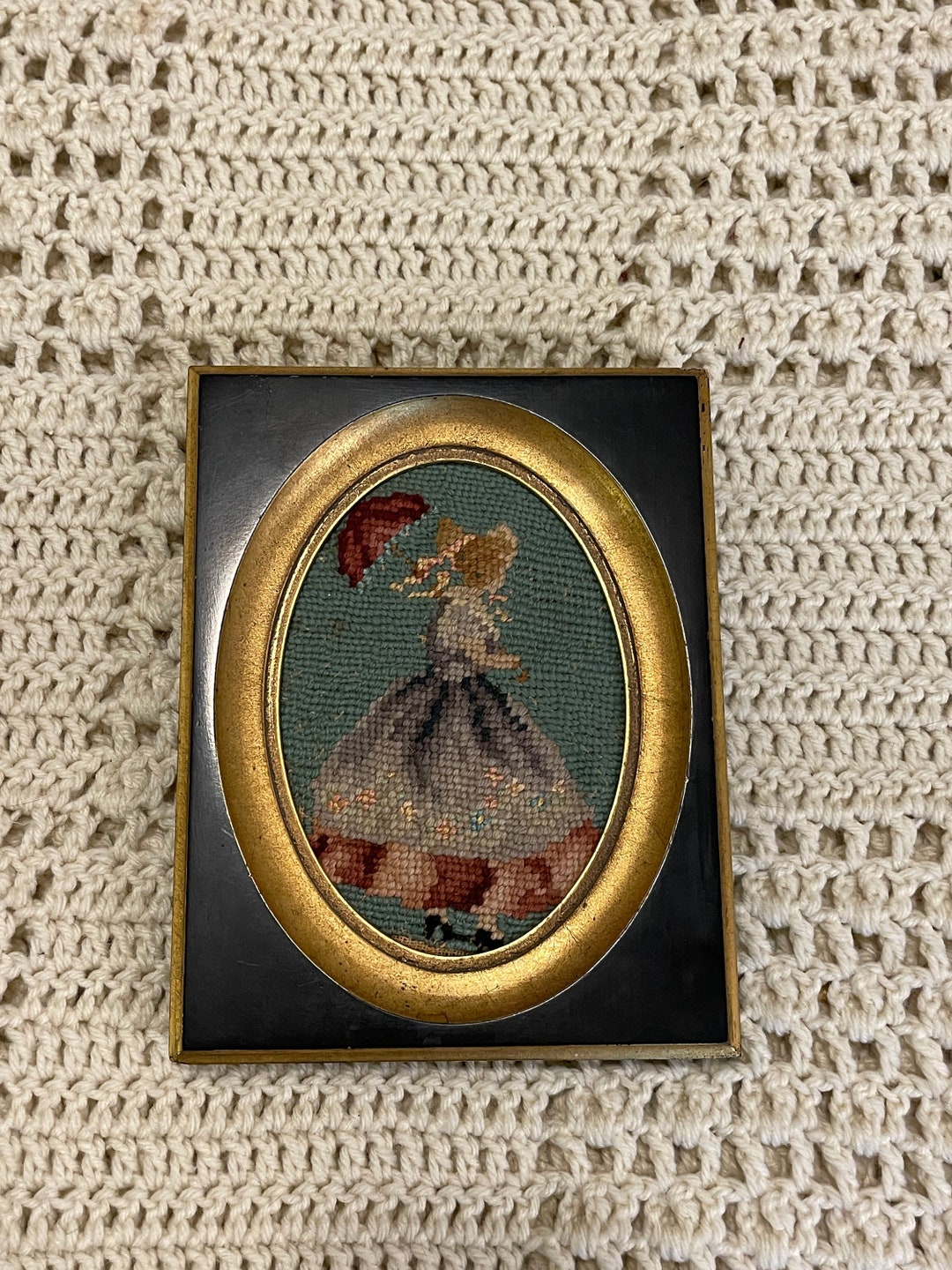 Vintage Needlepoint in German Black & Gold Gilded Frame, Vintage
