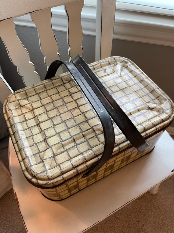 Vintage Metal Picnic Basket, Large Metal Rectangle Ba… Gem