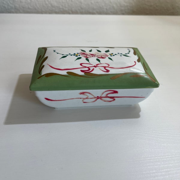 Trinket Box, Elfinware Hand Painted Rectangle Green & Pink Decorative Trinket Box, Ribbon Bow and Pink Rose Design, Vintage Jewelry Box