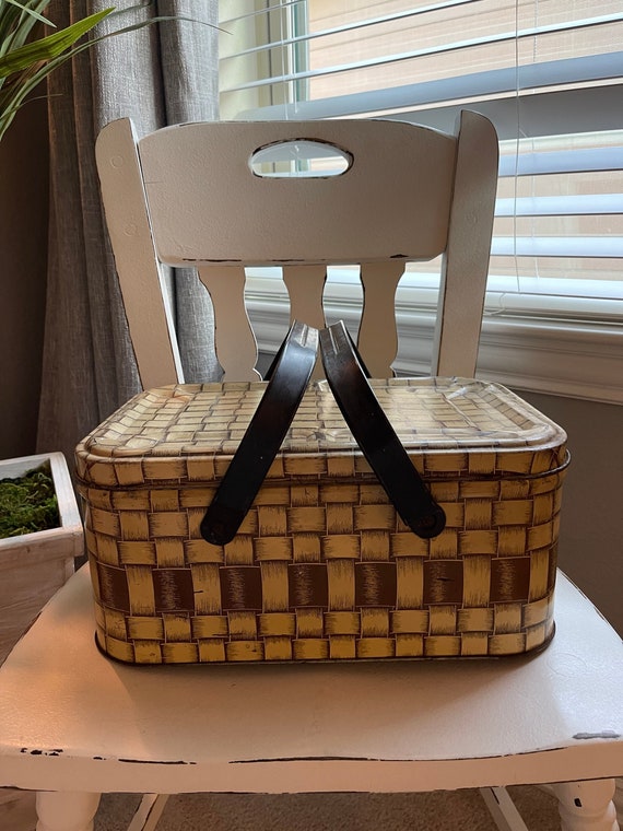 Vintage Metal Picnic Basket, Large Metal Rectangle Ba… Gem