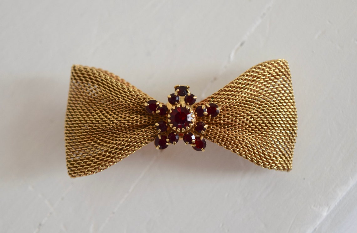 Vintage Hair Bow Barrette with Gold Chain Netting and Red Etsy