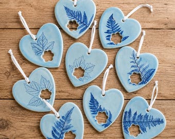 Handmade Ceramic Heart Ornament | Botanical Fern & Leaf Design | Hanging Decoration | Nature Inspired Gift Pottery Heart
