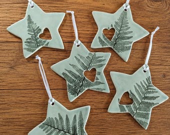 Handmade Ceramic Star Ornament | Botanical Fern Design | Hanging Decoration | Nature Inspired Gift Pottery Star