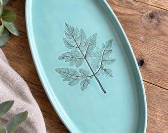 Handmade Ceramic Oval Platter – Celadon Green Botanical Cows Parsley Serving Dish – Large Stoneware Platter