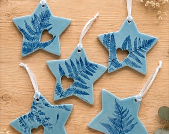 Handmade Ceramic Star Ornament | Botanical Fern Design | Hanging Decoration | Nature Inspired Gift Pottery Star