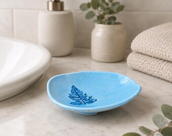 Handmade Blue Ceramic Soap Dish | Botanical Pottery Soap Saver | Bathroom Decor | Drainage Soap Holder