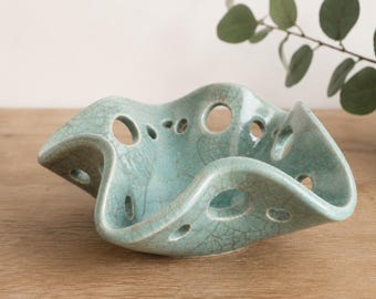 Handmade Raku Ruffle Bowl | Turquoise Crackle Ceramic Bowl | Sculptural Pottery Art | One of a Kind Decorative Bowl | Modern Rustic Home Dec