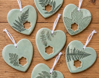 Handmade Ceramic Heart Ornament | Botanical Fern & Leaf Design | Hanging Decoration | Nature Inspired Gift Pottery Heart