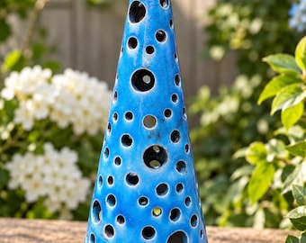 Handmade Blue Raku Tealight Holder | Ceramic Cone Candle Lantern | Unique Pottery Gift | Decorative Candle Holder