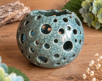 Handmade Raku Tealight Holder | Crackle Glaze Ceramic Lantern, Pierced Pottery Home Décor