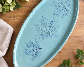 Handmade Ceramic Oval Platter – Aqua Blue Botanical Sycamore Serving Dish – Large Stoneware Platter