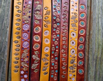 Handmade Leather Wristband: Stamped Vegetable-Tanned Italian Leather Cuff