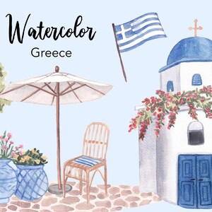 ACQUERELLO CLIPART, Grecia clipart, vacanze estive, set di acquerelli oceanici in viaggio, uso commerciale, file png, clip art, digitale