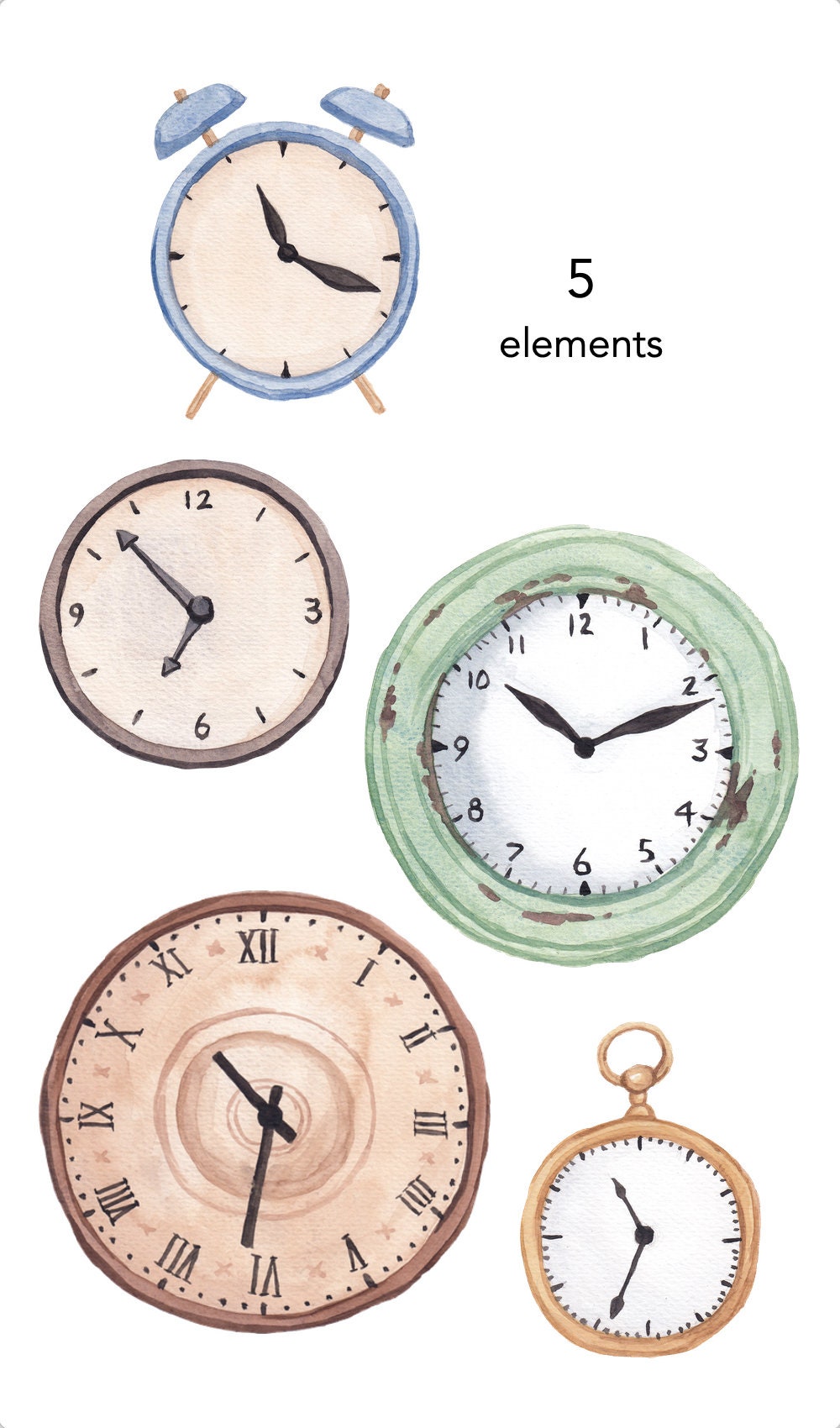 WATERCOLOR CLIPART Clock Clipart Time Vintage Scrapbooking Etsy Ireland