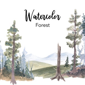AQUAREL CLIPART, bos clipart, herten illustraties, bos png-afbeeldingen, dennenboom illustraties, aquarel landschap