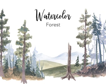 WATERCOLOR CLIPART, forest clipart, deer illustrations, woodland png images, pine tree clip art, watercolor landscape