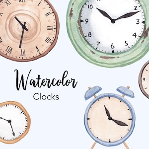 CLIPART DE ACUARELA, imágenes prediseñadas de reloj, tiempo, imágenes prediseñadas de scrapbooking vintage, decoración del hogar, reloj despertador, gráficos png, ilustración de acuarela