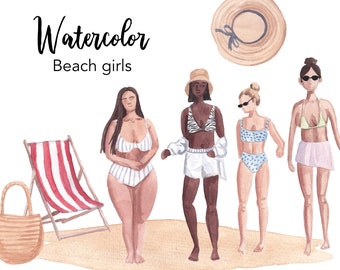 Watercolor Beach Girls Clipart, Summer Vacation Set (PNG Files)