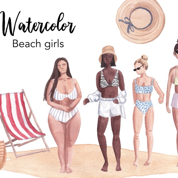 WATERCOLOR CLIPART, Beach girls clipart, summer vacation, traveling watercolour sea clipart set, bikini, swimming, commercial use, png files